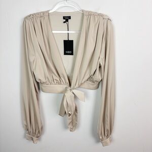 NBD Imogen Tie Front Ballon Sleeve Blouse Champagne Size Medium